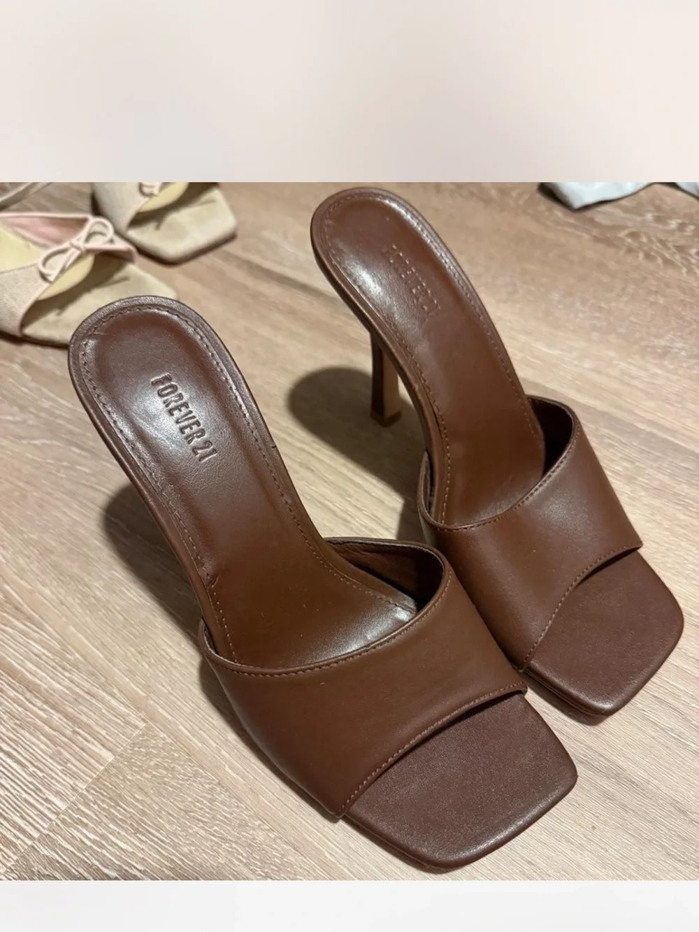 Forever 21 Brown Square-Toe High Heel Slide Sandals